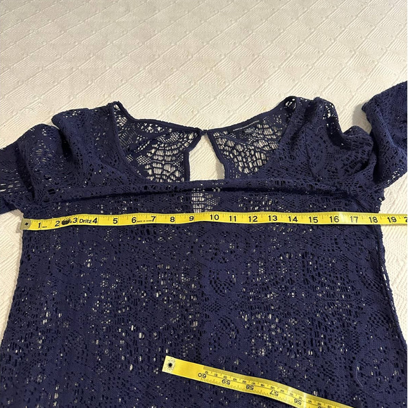 Navy Blue Crochet Lace Bell Sleeve Mini‎ Dress Swim Cover Up Small/Petite - Picture 7 of 8